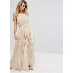 Moon River S Boho Halter Crochet Lace Linen Halter Neck  Backless Dress Beige